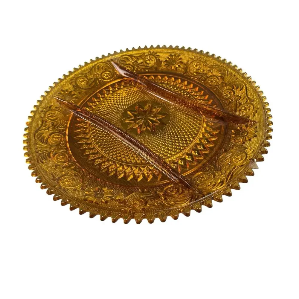 Amber Tiara Pattern Divided Indiana Sandwich Glass Fall Serving Platter 12